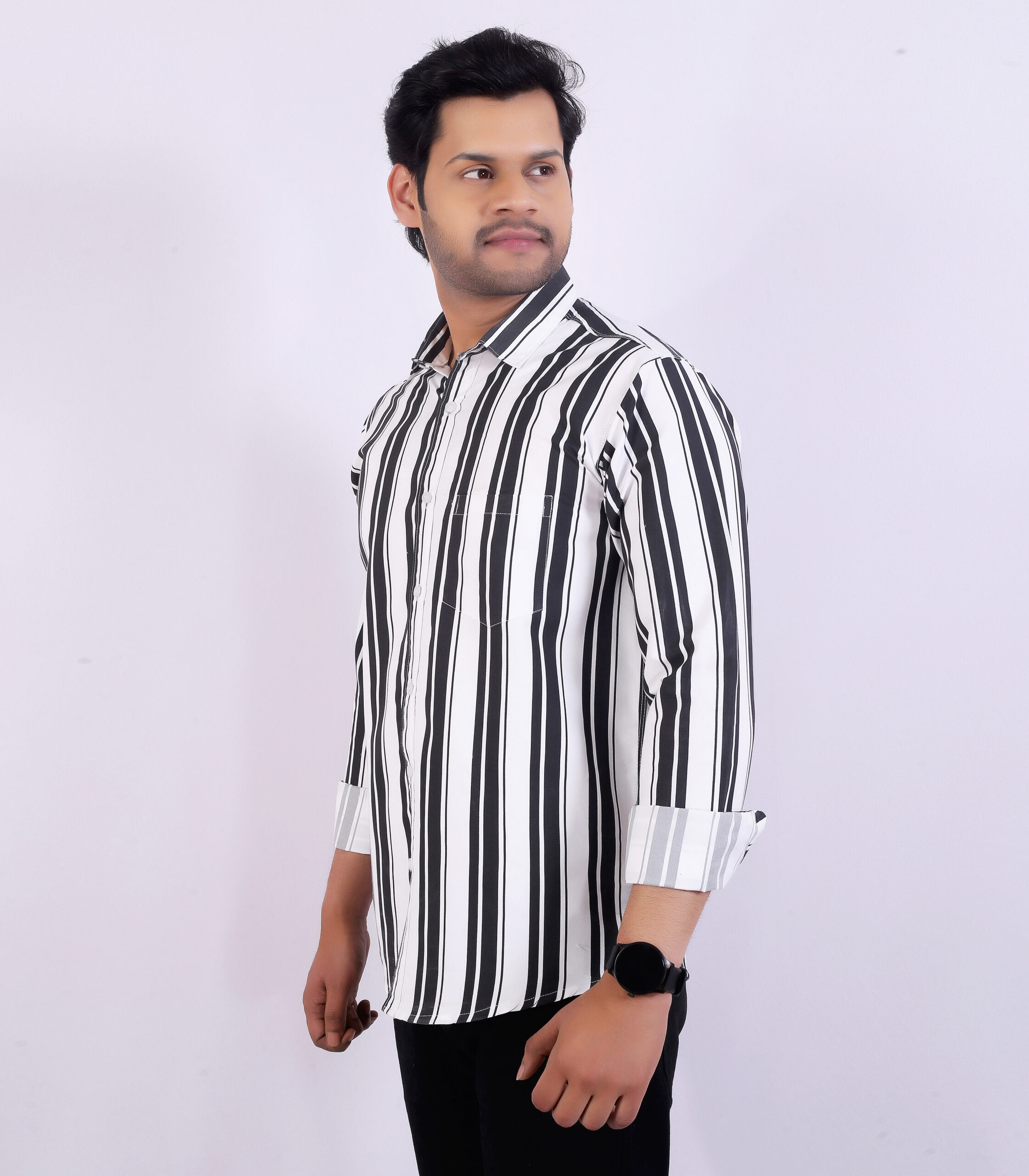 Men's Black & White Striped Casual Shirt - Image 5
