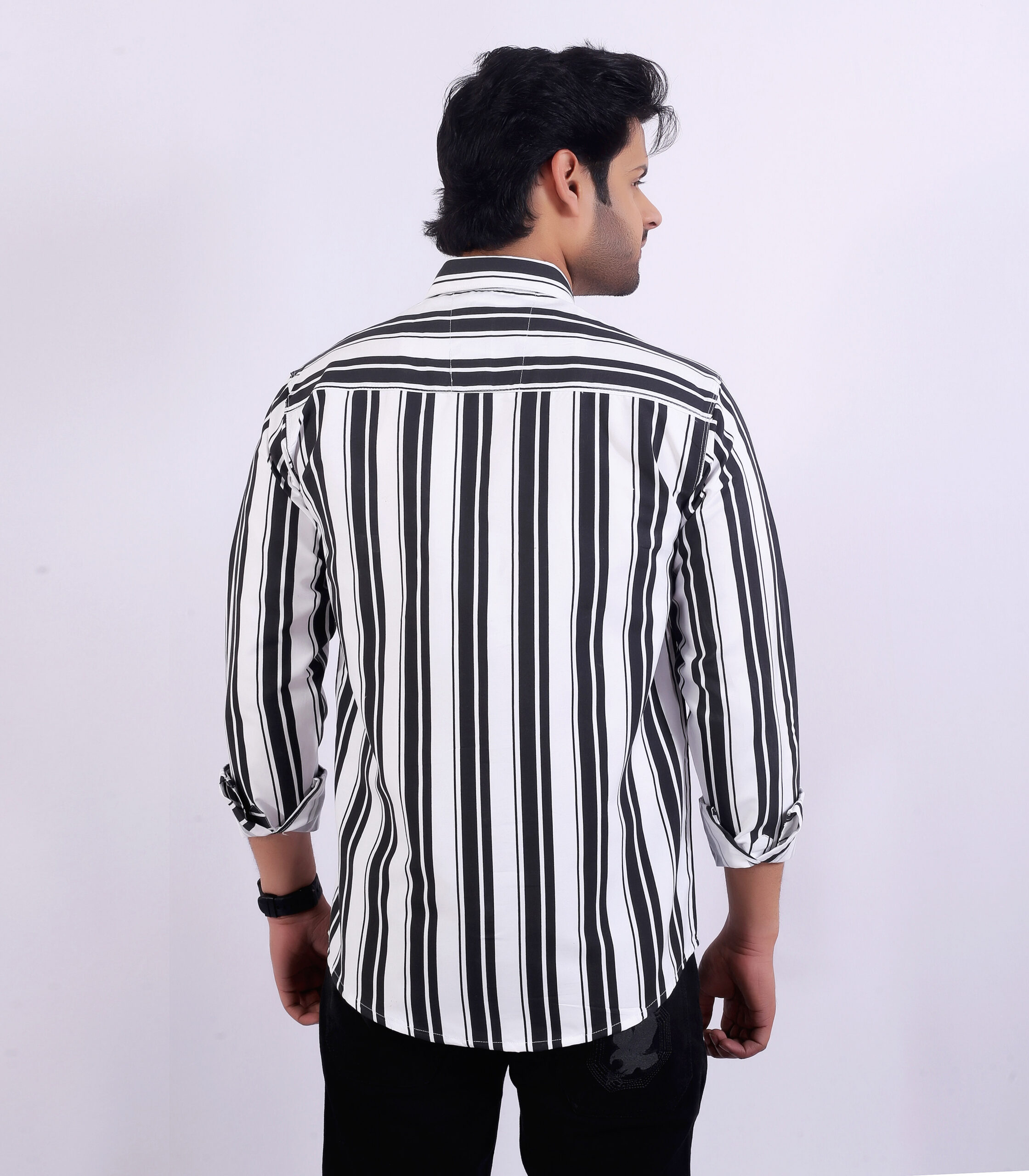 Men's Black & White Striped Casual Shirt - Image 2