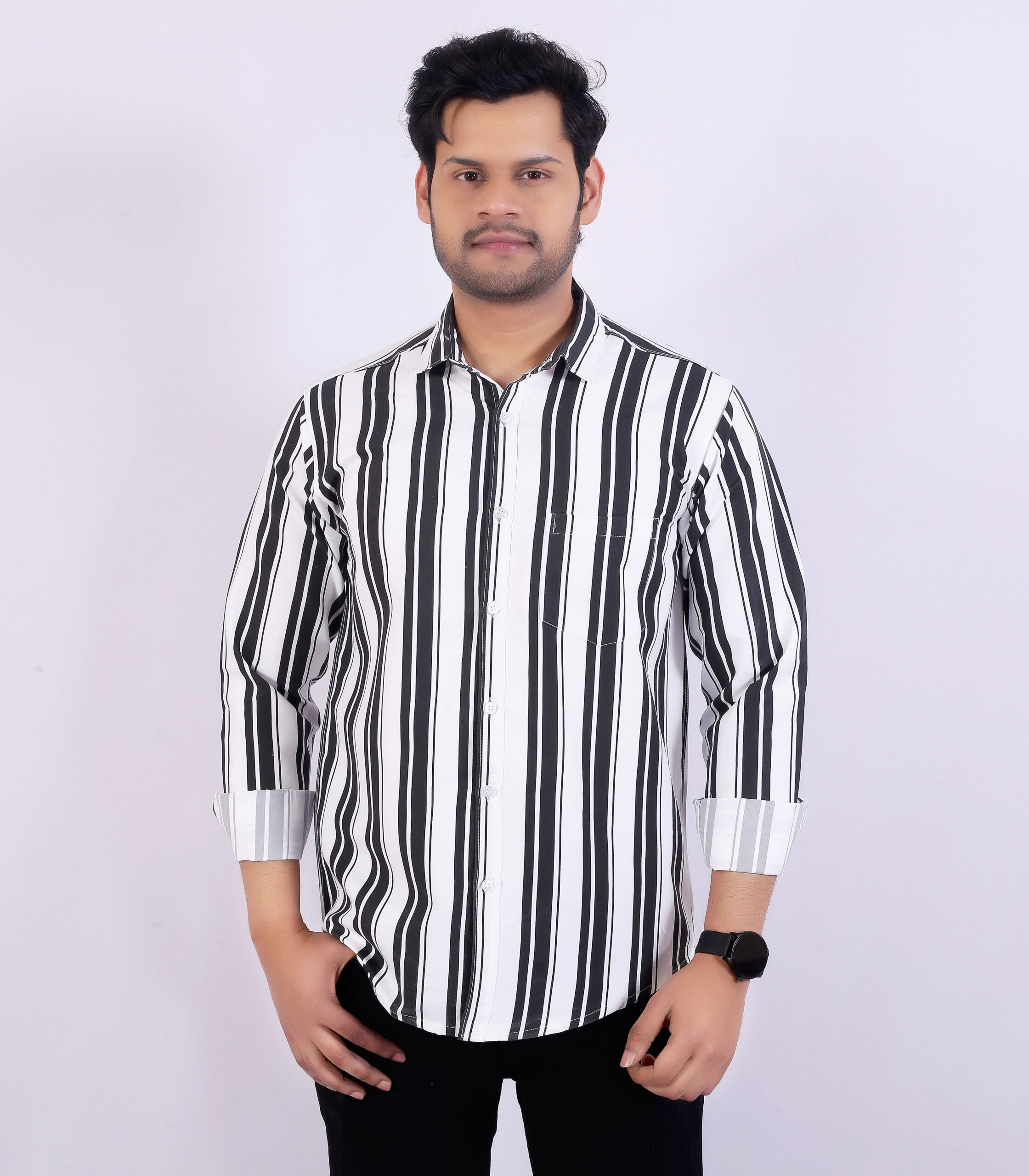 Men's Black & White Striped Casual Shirt