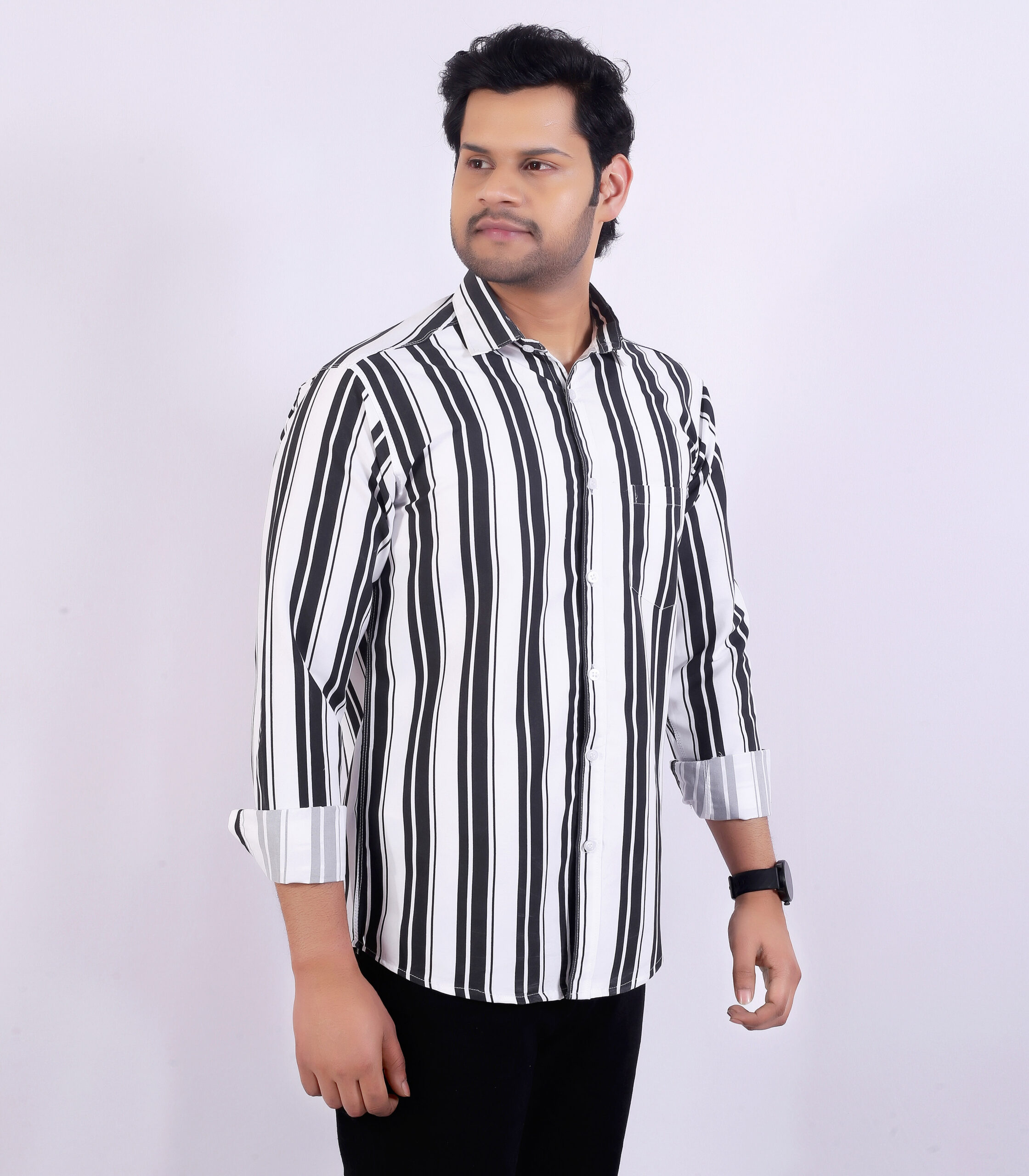 Men's Black & White Striped Casual Shirt - Image 4