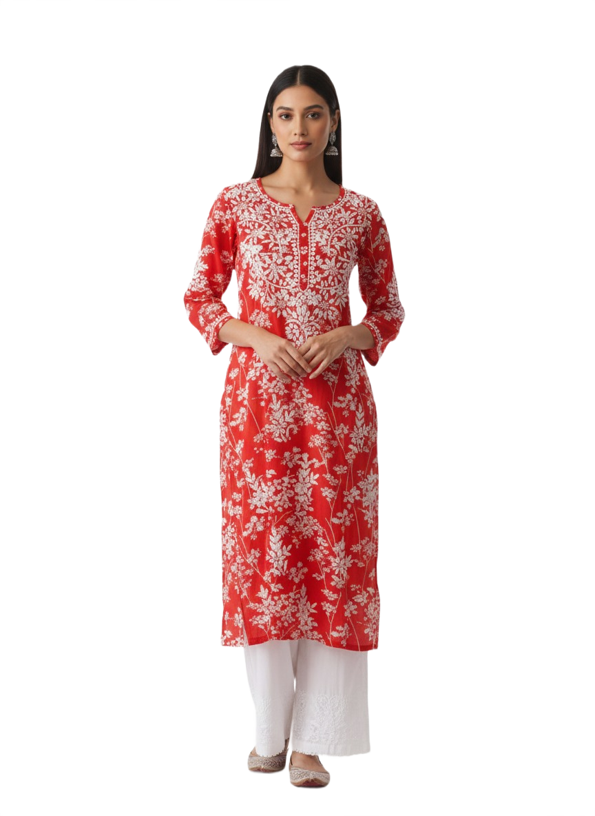 Mulmul Red Printed Straight Kurta - Image 2