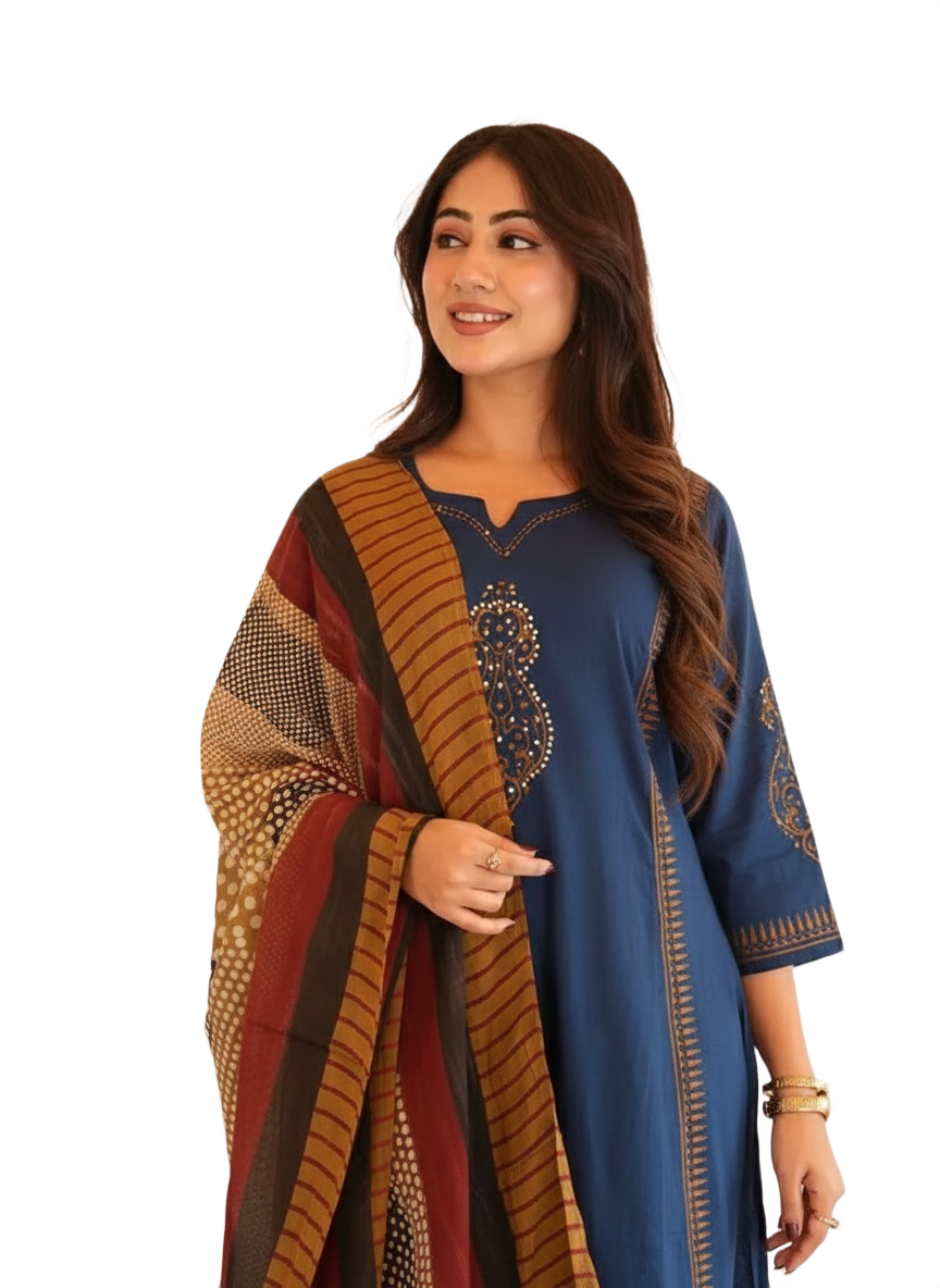 Navy Blue Printed Kurta Set - Image 2