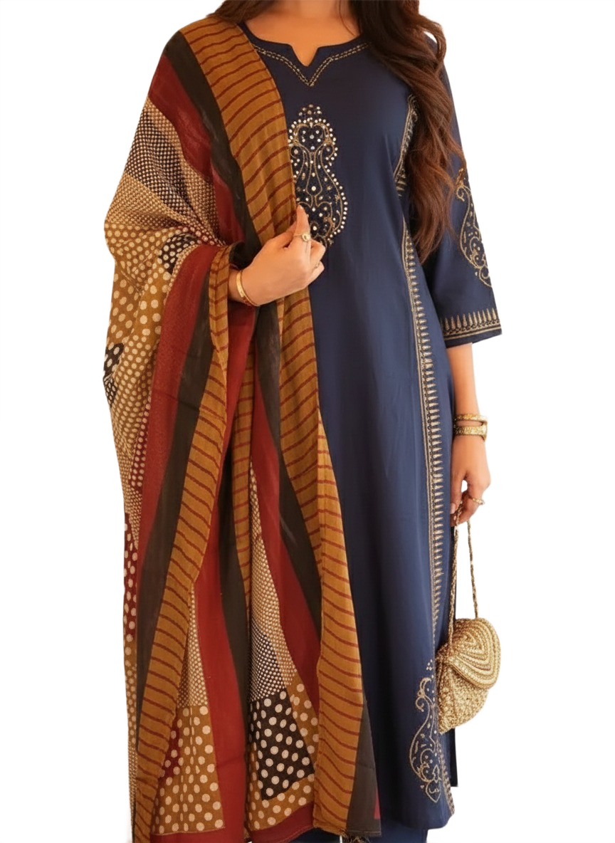 Navy Blue Printed Kurta Set - Image 3
