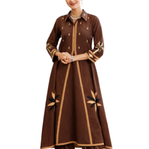 Brown Floral Cotton Kurta Set