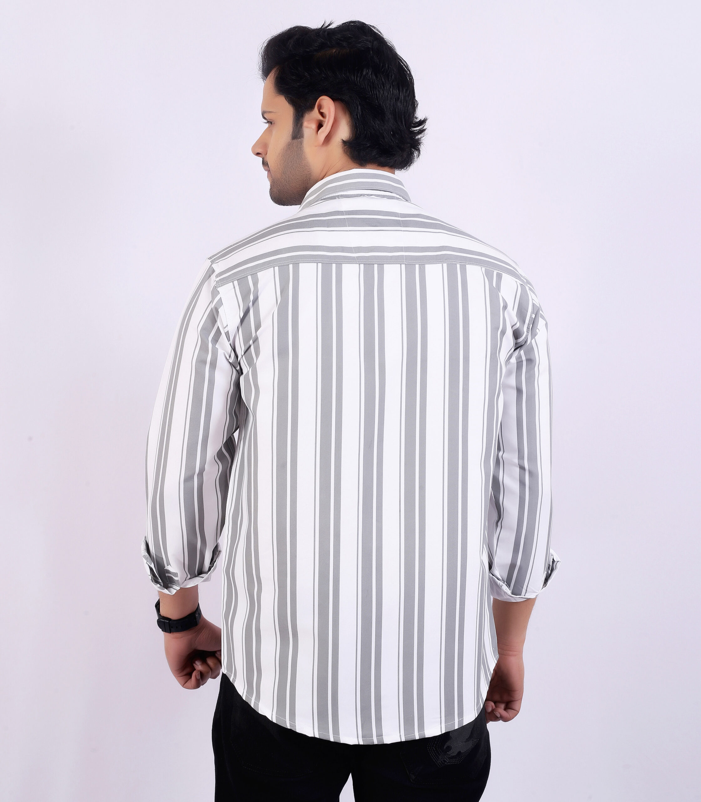 Men’s Grey& White Striped Casual Shirt - Image 6