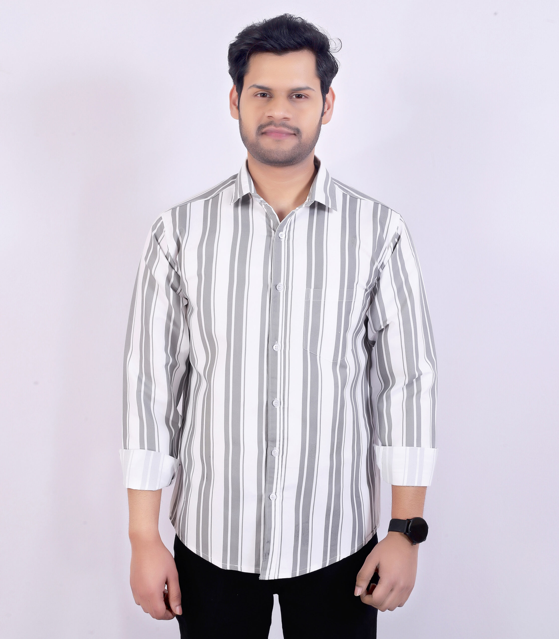 Men’s Grey& White Striped Casual Shirt - Image 7