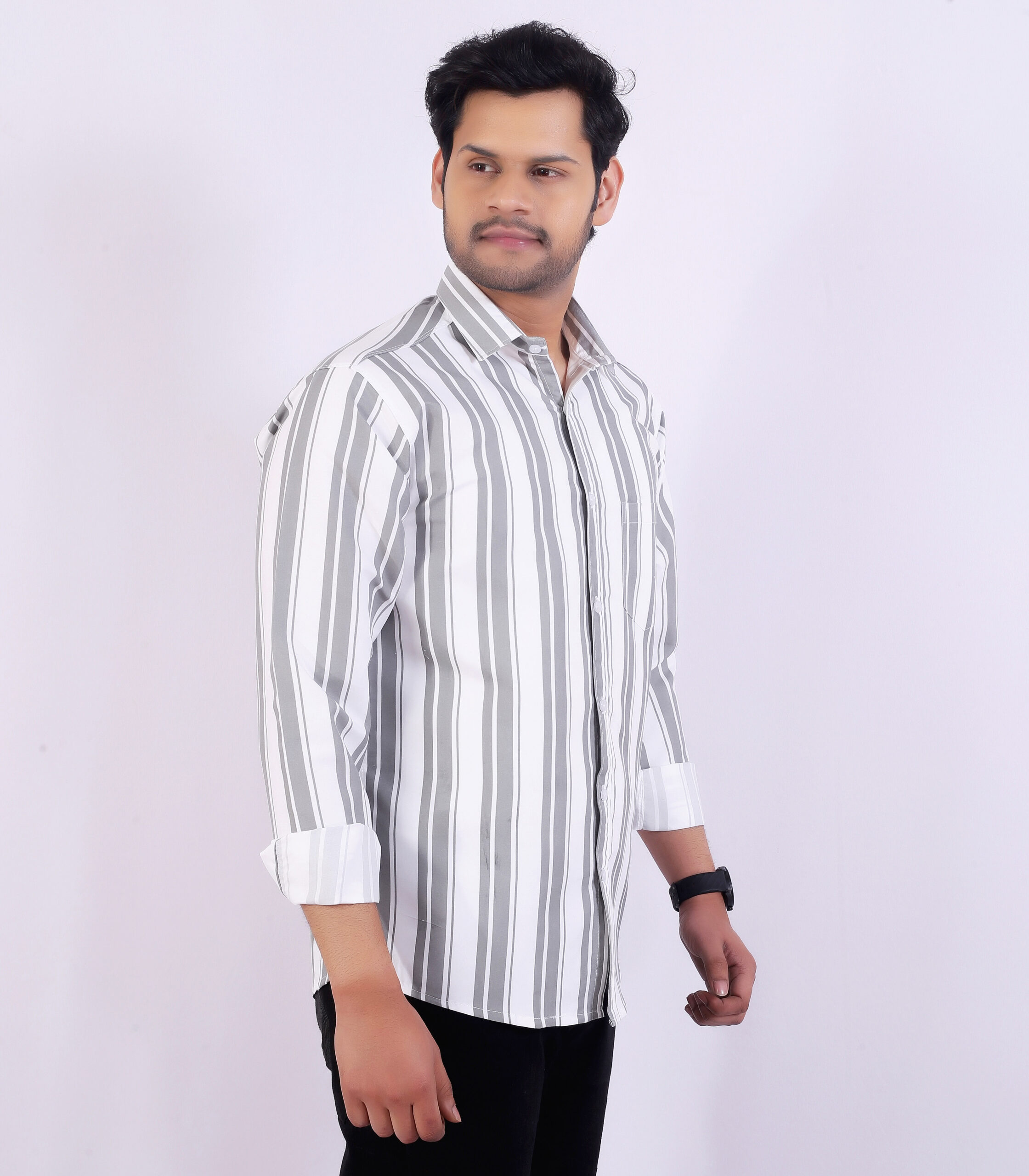 Men’s Grey& White Striped Casual Shirt - Image 8