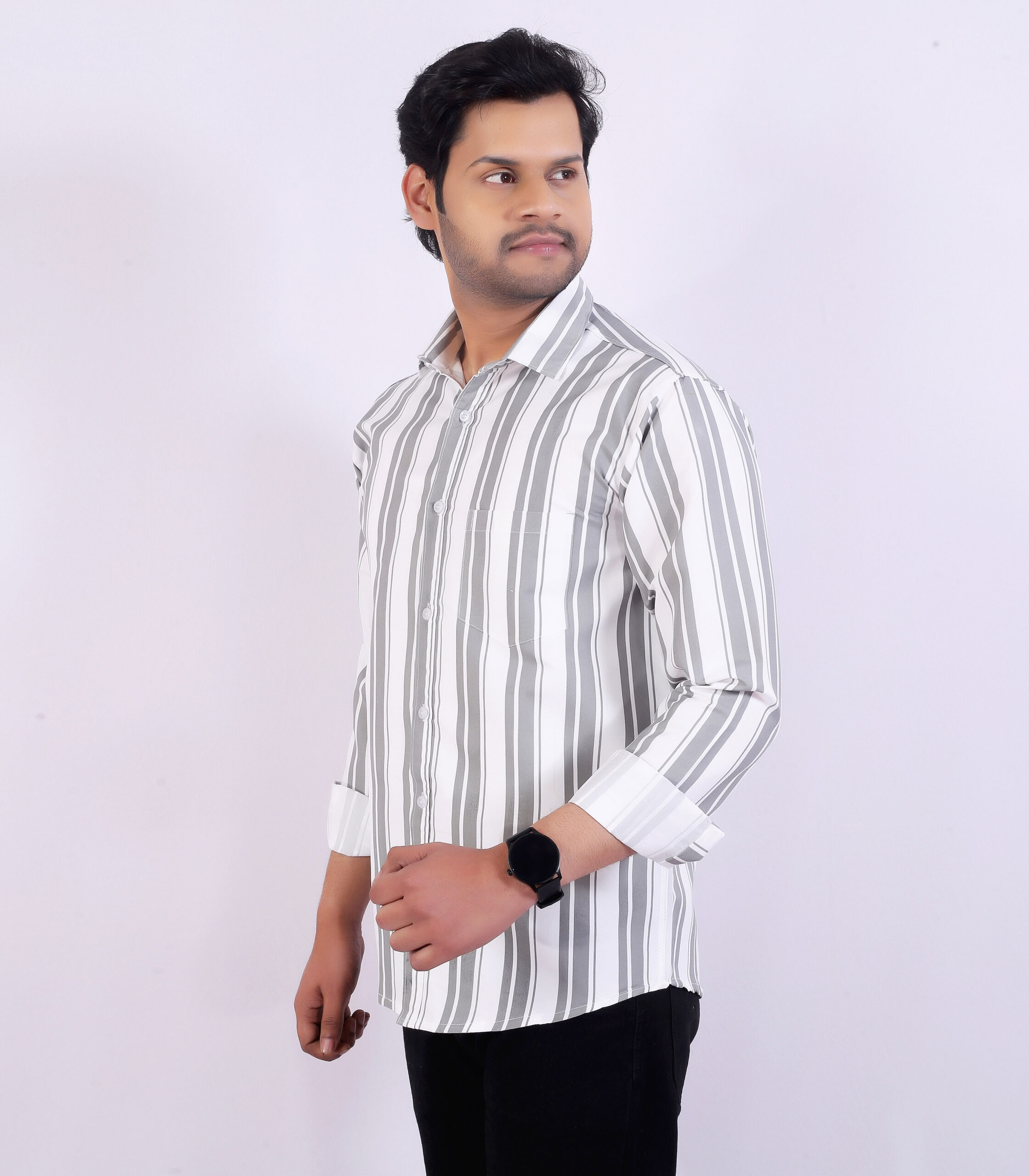 Men’s Grey& White Striped Casual Shirt - Image 9