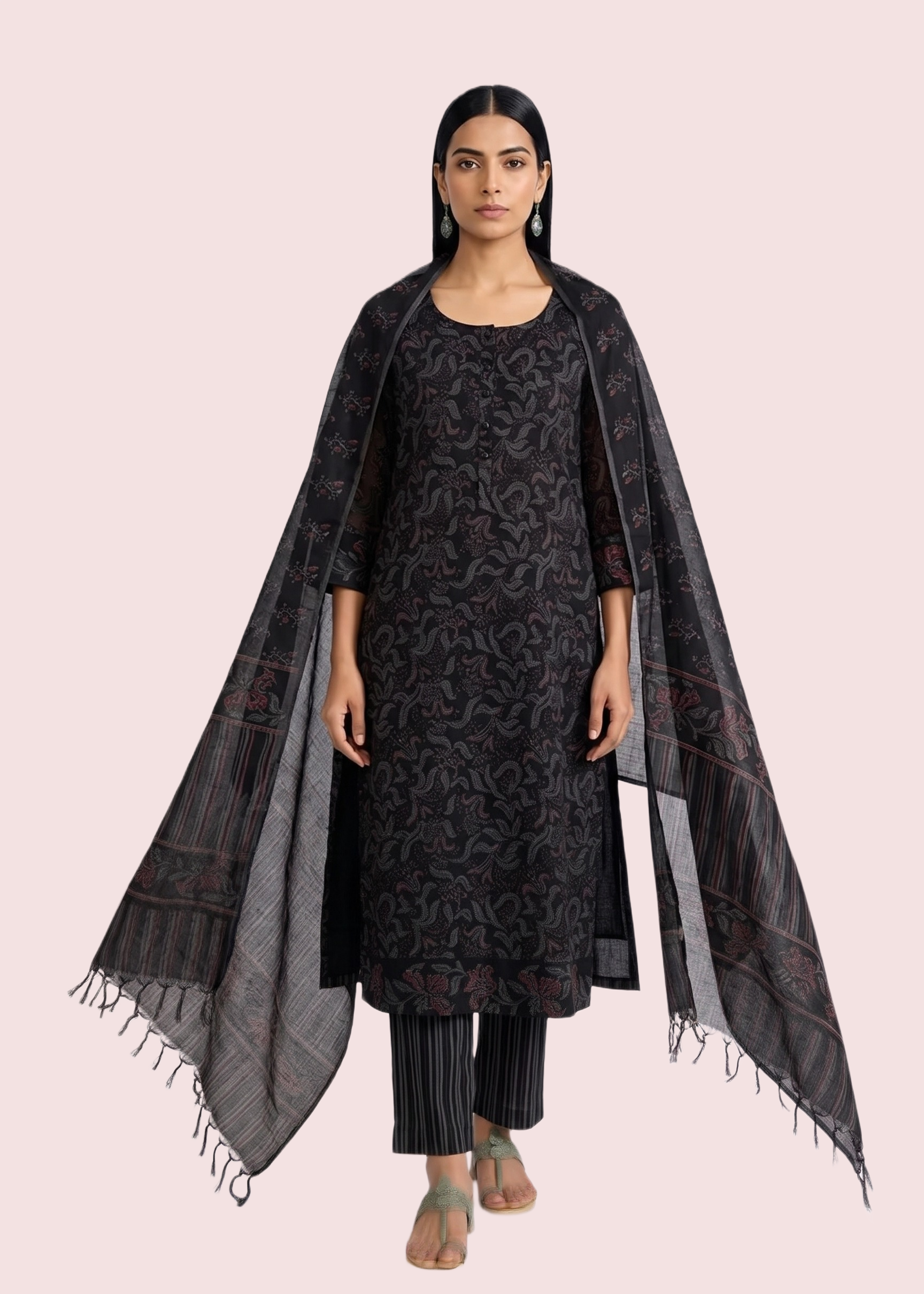 Black Cotton Suit Set with Round Neckline - Image 5