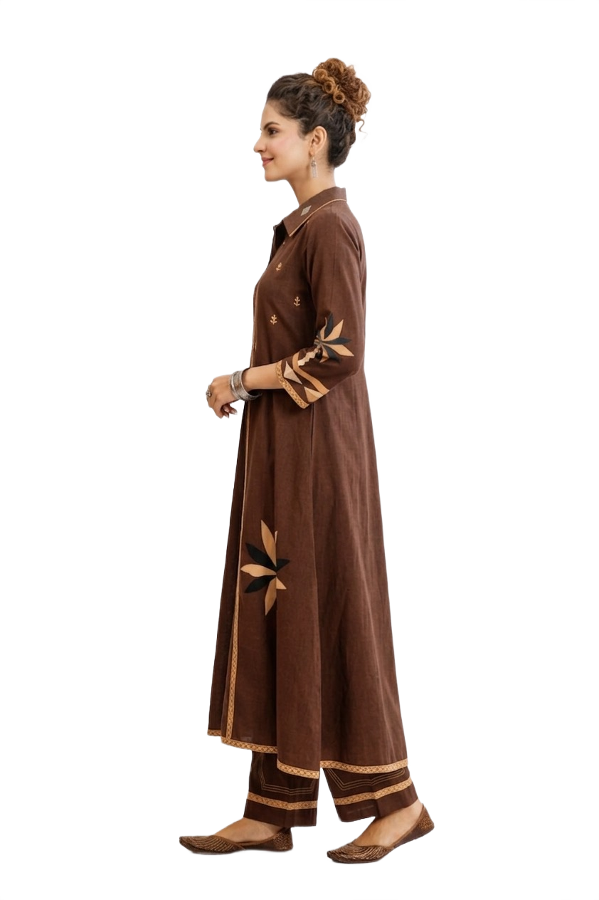Brown Floral Cotton Kurta Set - Image 3