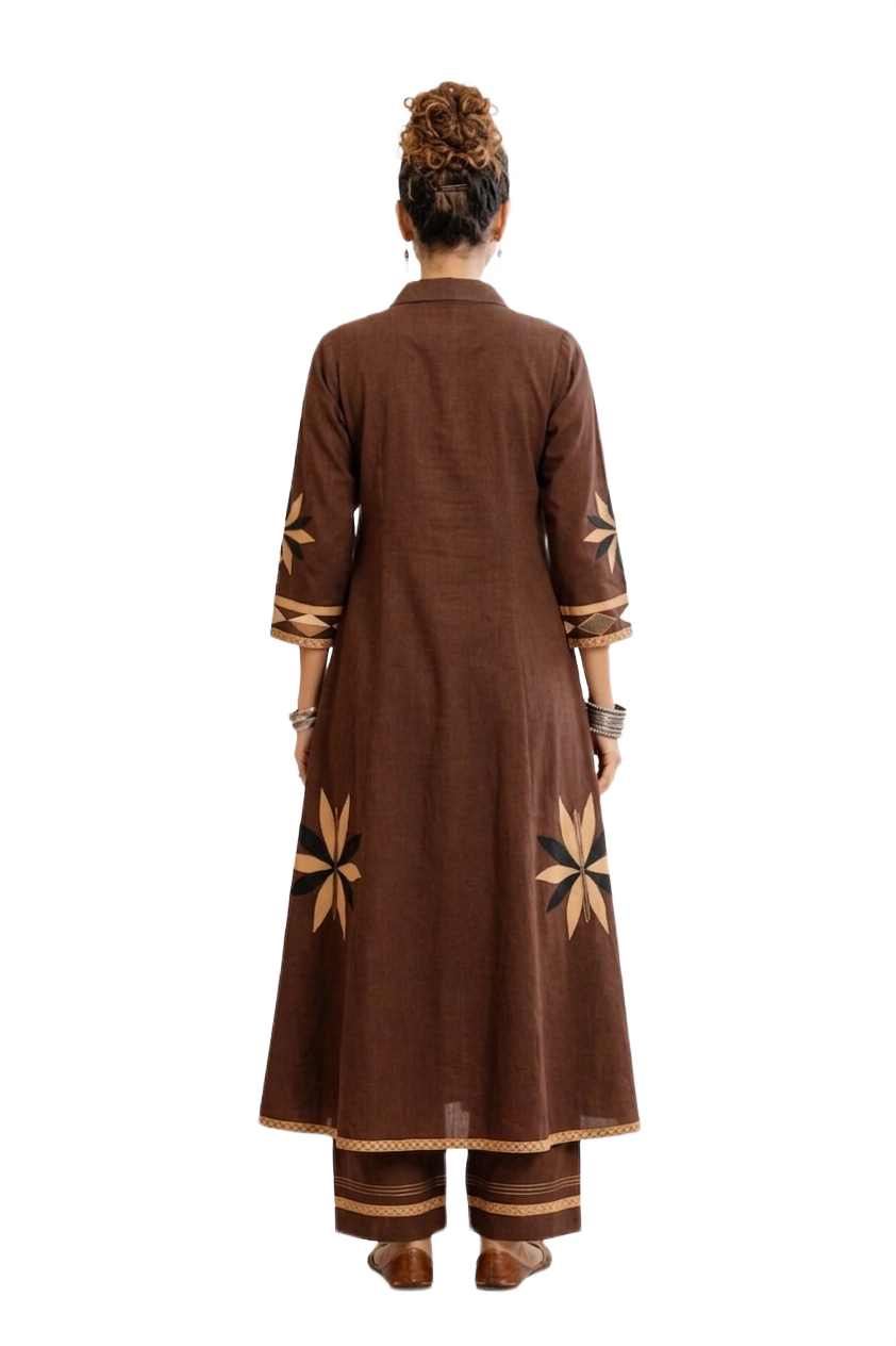 Brown Floral Cotton Kurta Set - Image 4