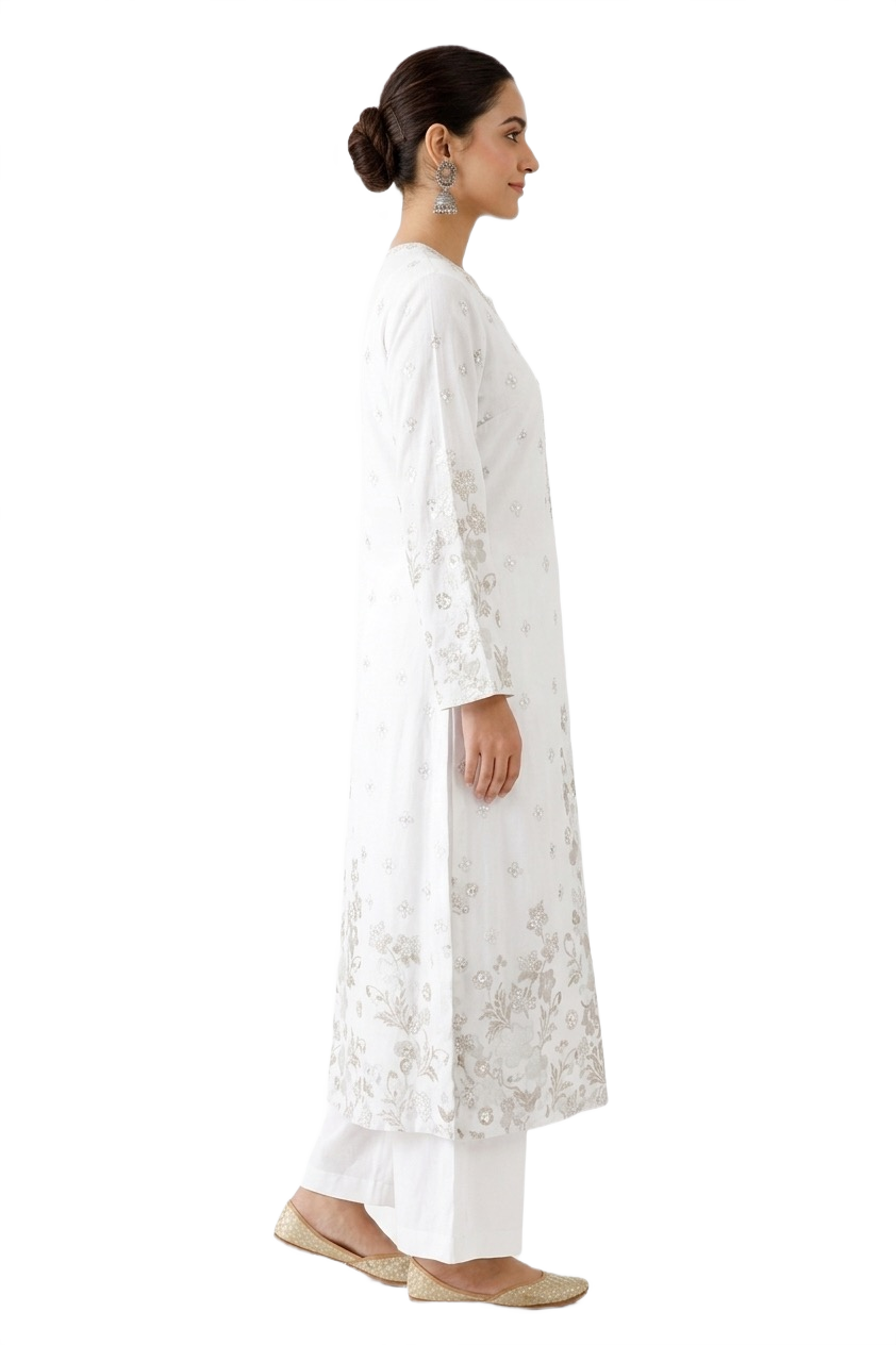 Elegant Printed White Cotton Kurta - Image 3