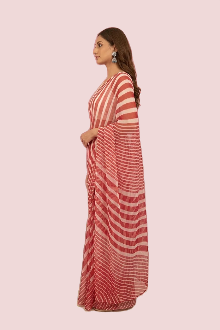 White Red Lahariya Georgette Saree - Image 3