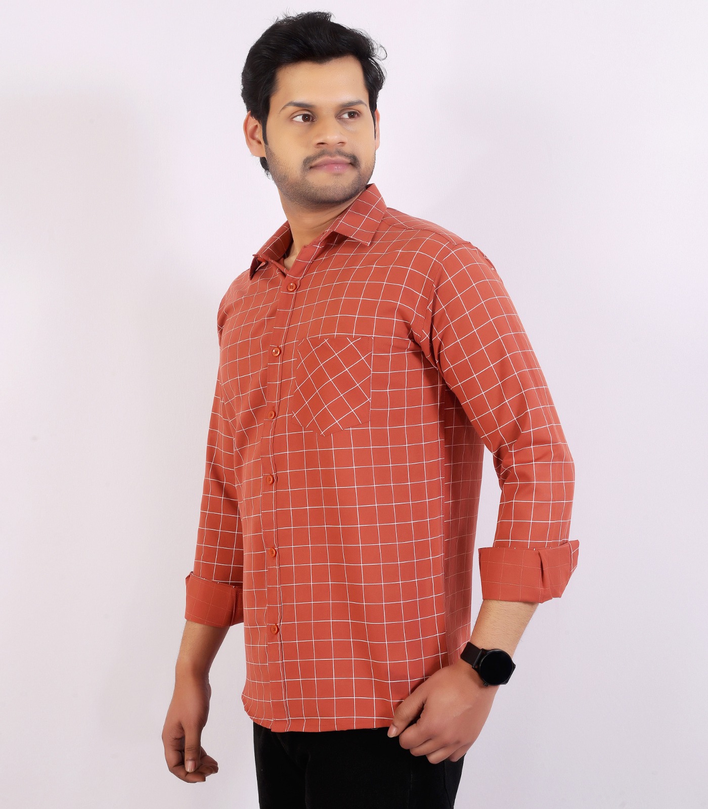 Men's Rust Checked Full-Sleeve Shirt - Image 4