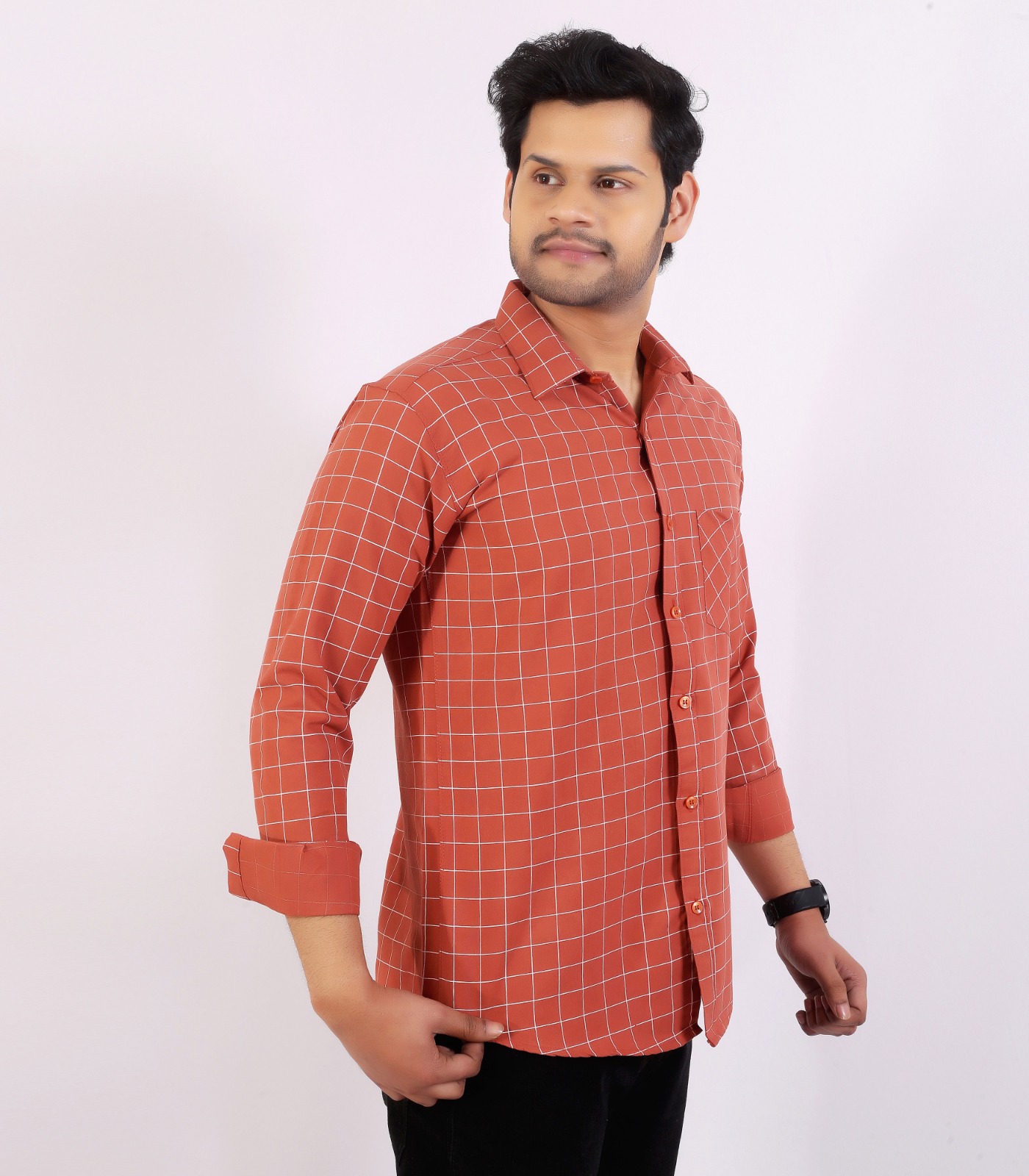 Men's Rust Checked Full-Sleeve Shirt - Image 5