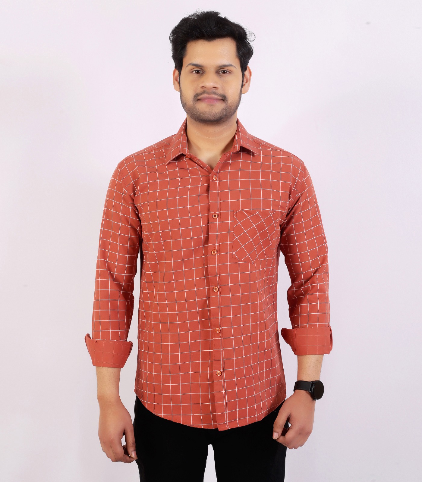 Men's Rust Checked Full-Sleeve Shirt - Image 6