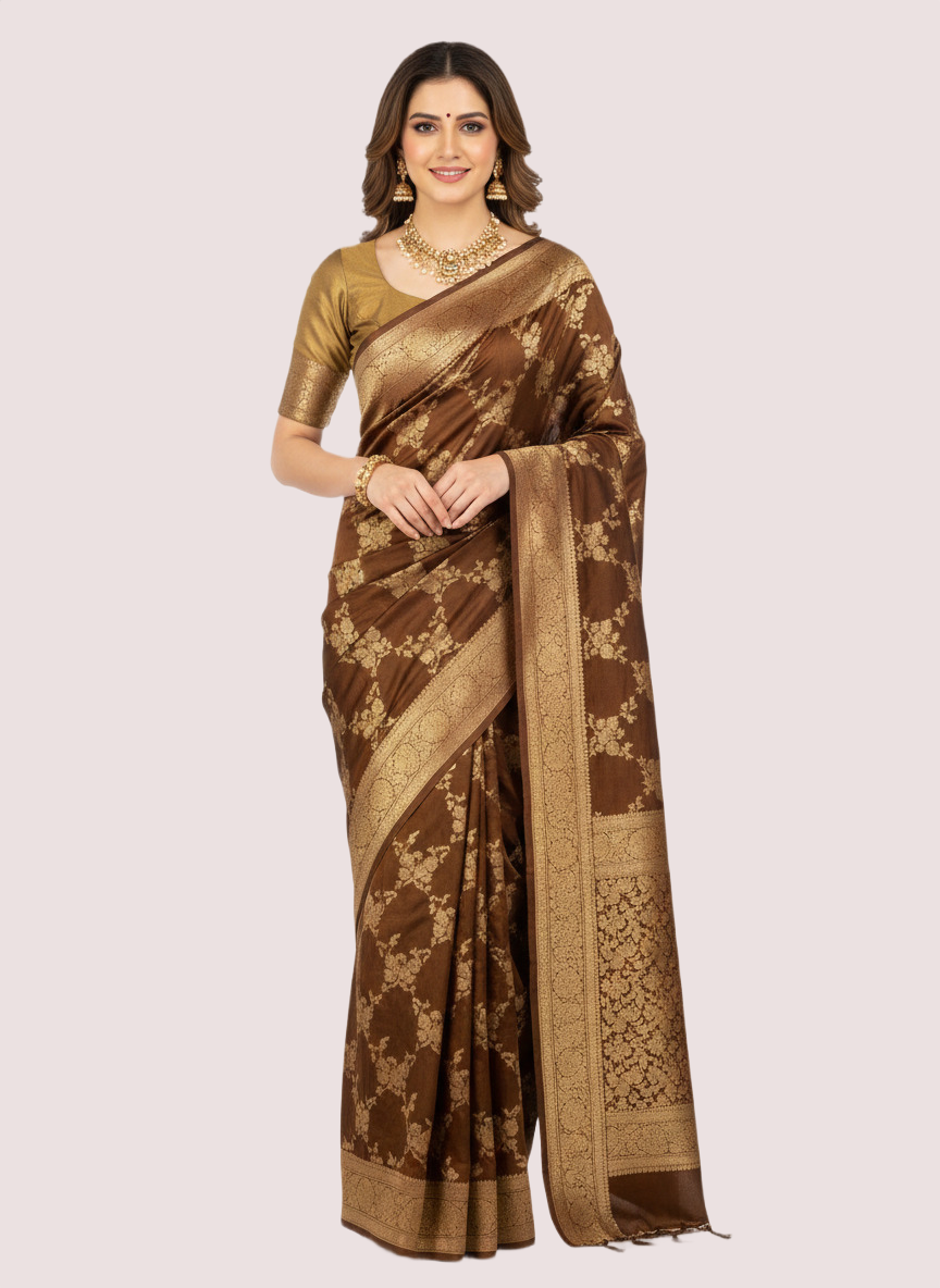 Brown Woven Wedding Saree - Image 3
