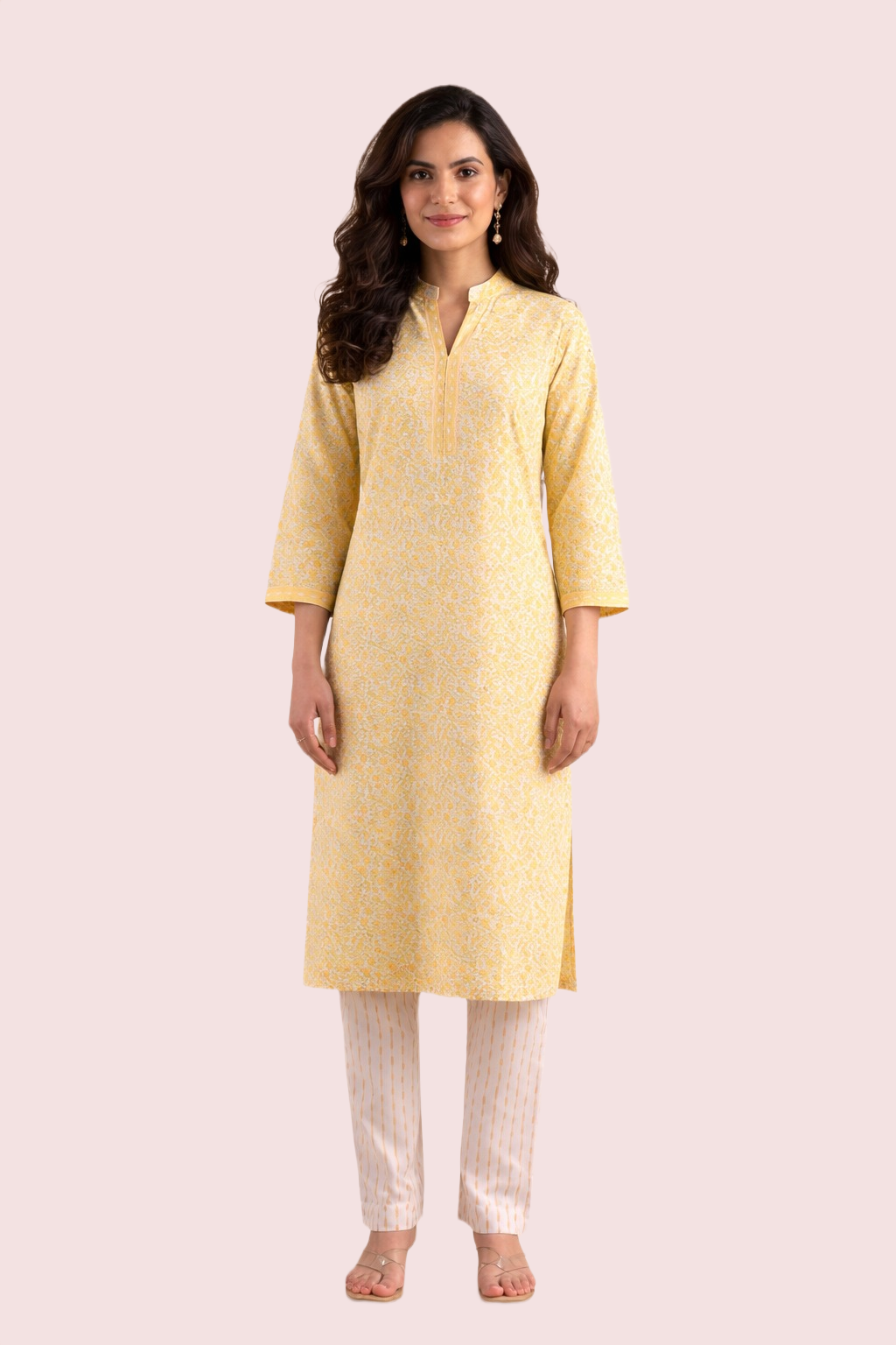 Elegant Short Sleeve Cotton Kurta – Yellow