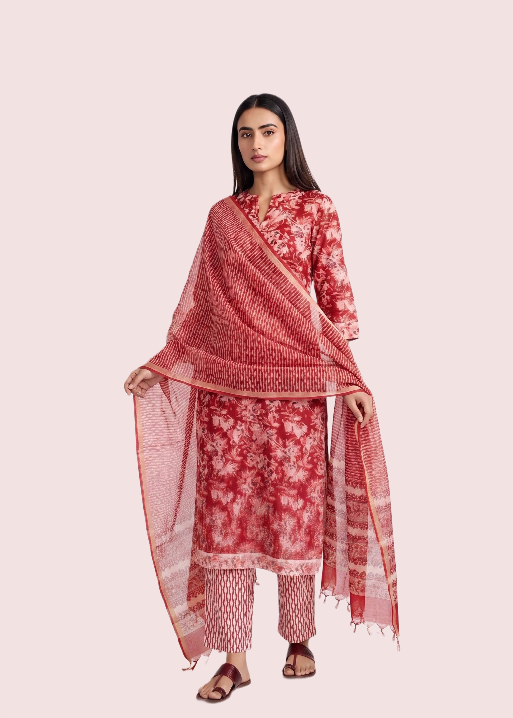 Red Colored Kota Doria Suit Set