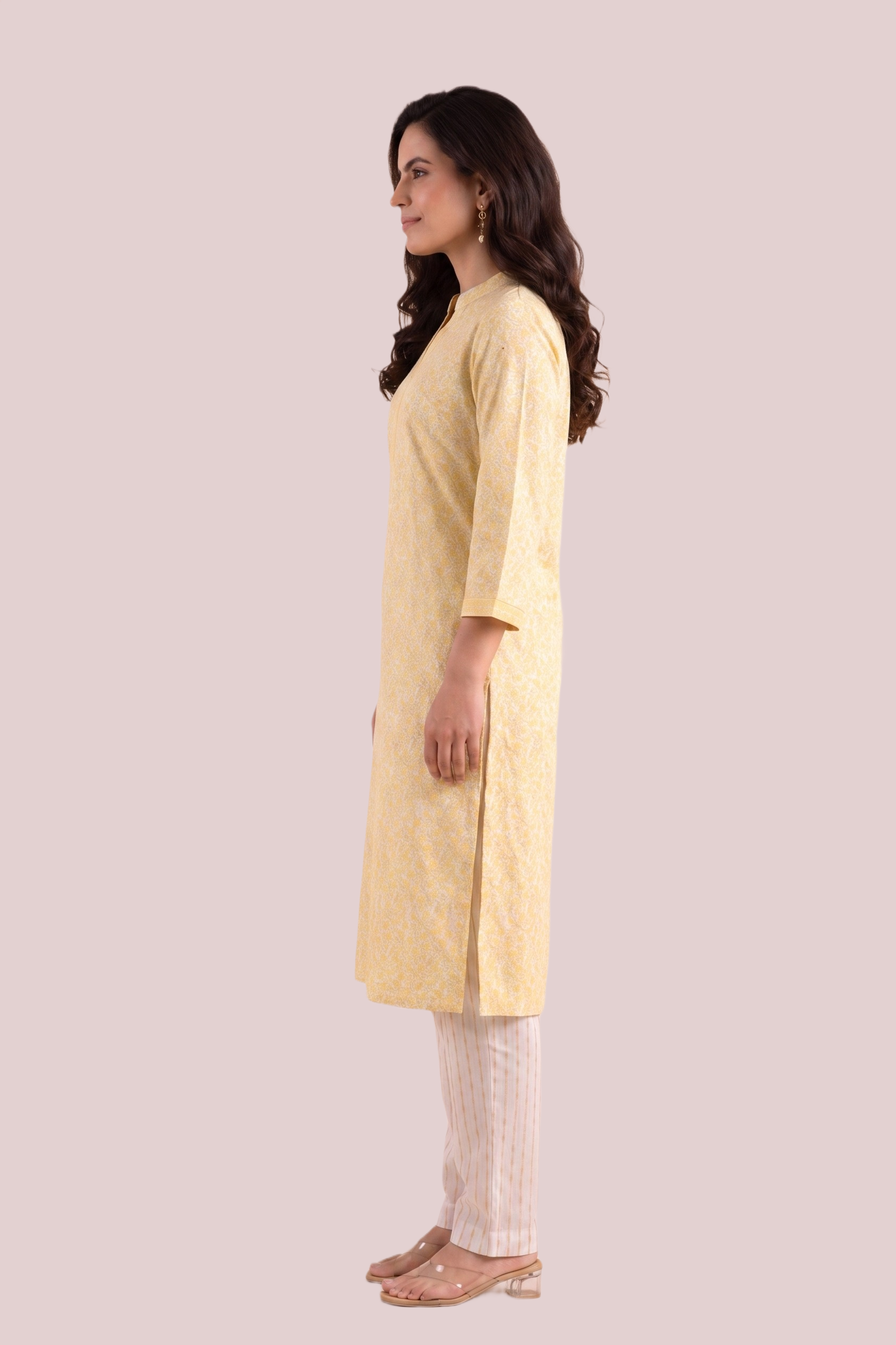 Elegant Short Sleeve Cotton Kurta – Yellow - Image 3