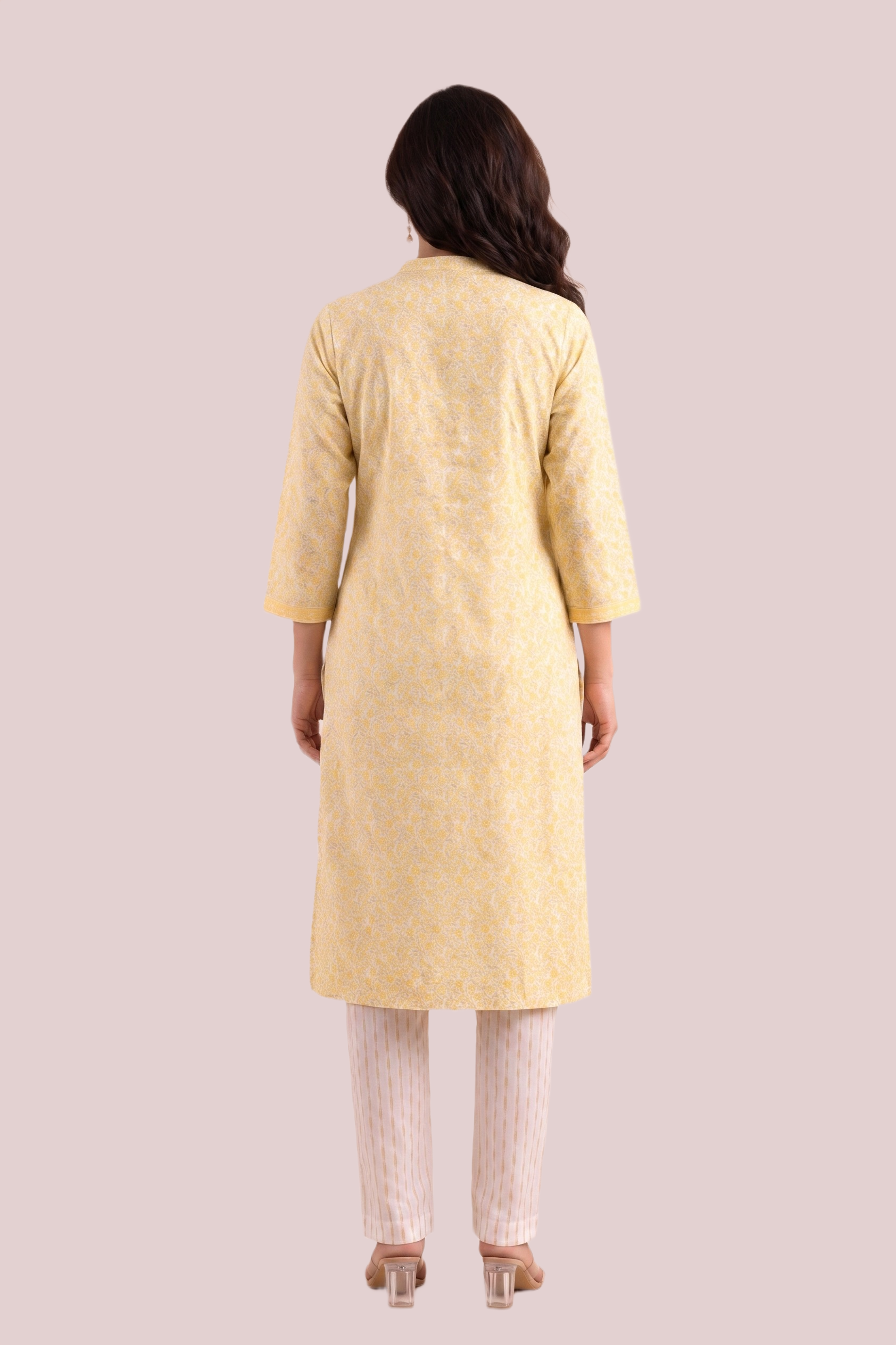 Elegant Short Sleeve Cotton Kurta – Yellow - Image 4