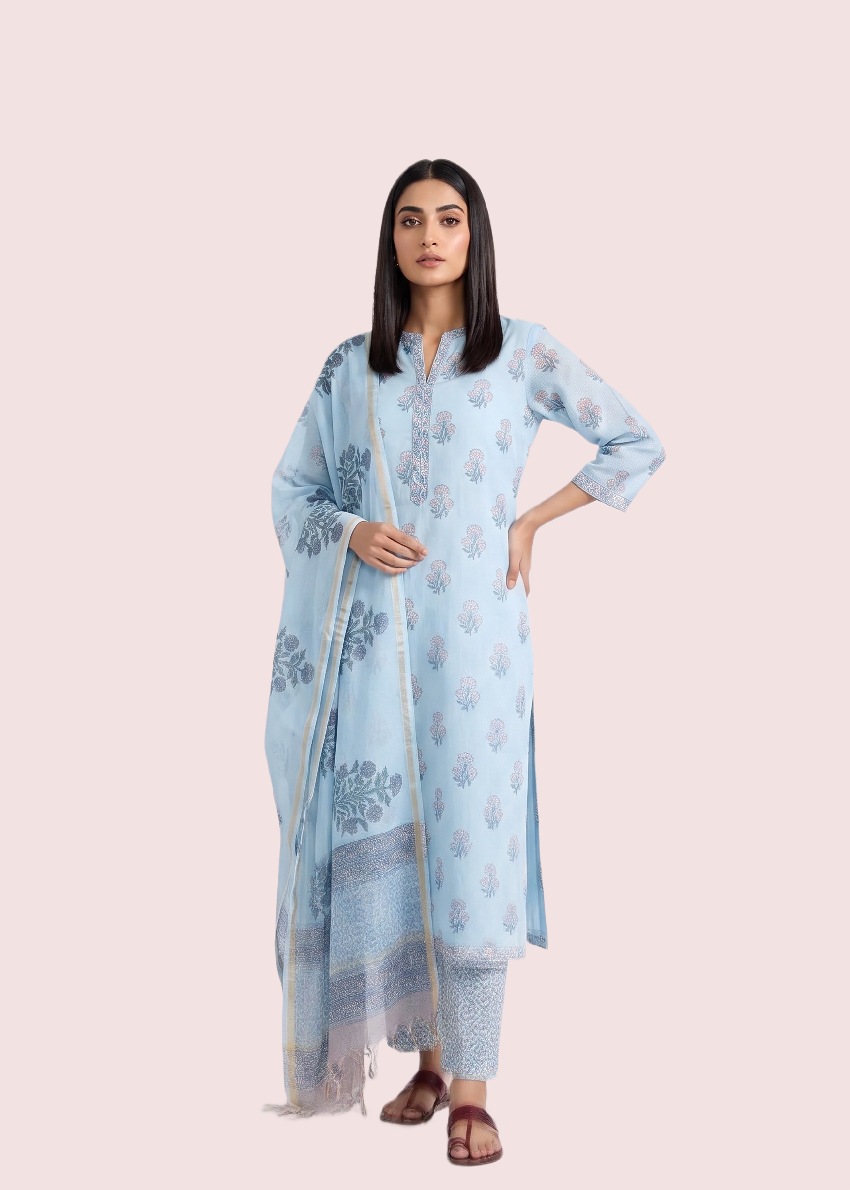 Floral Suit Set with Sky Blue Color