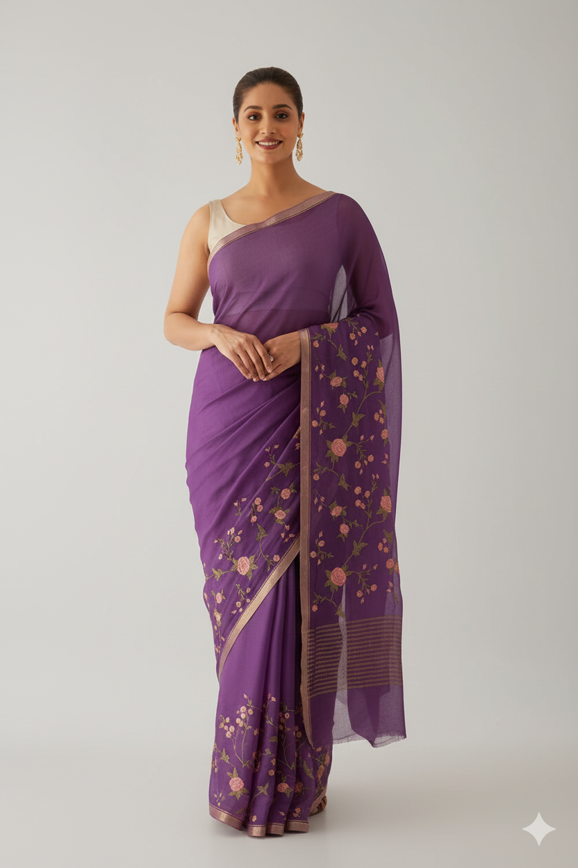 Purple Chiffon Embroidered Saree - Image 2