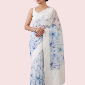 Digital Printed Saree with Chikankari Border (Blue) ₹2,599.00